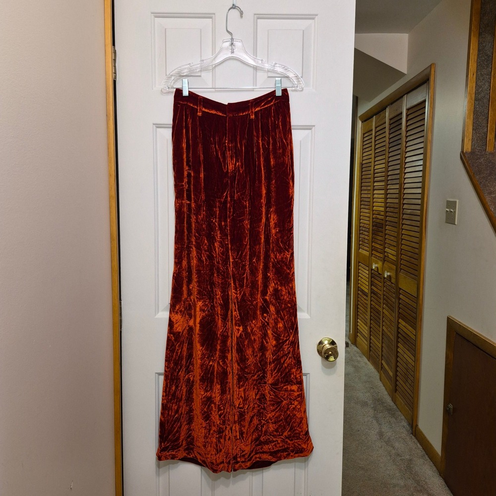 Reformation Rust Burnt Orange Crushed Velvet Silk Blend Wide Leg Pants Size 4
